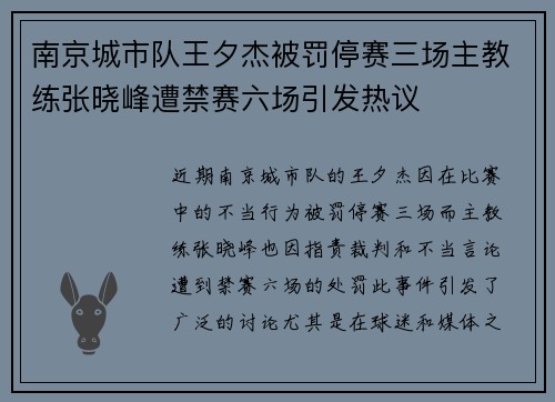 南京城市队王夕杰被罚停赛三场主教练张晓峰遭禁赛六场引发热议